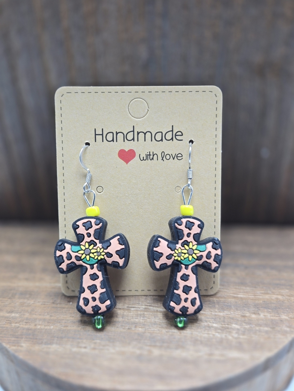 NWT Sunflower Cross Earrings Pierced Cow Print Religious Dangle Drop Light